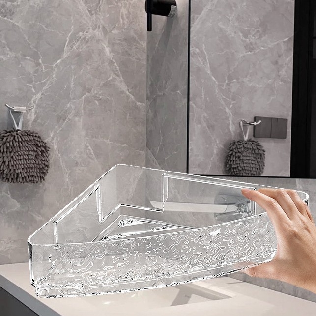 Fali mosdó-tároló polc fúrás nélkül, háromszög kosárral; műanyagból, modell 1, teherbírás 10 kg