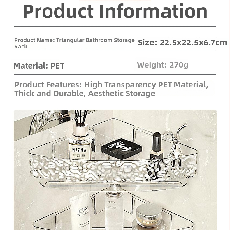 Fali mosdó-tároló polc fúrás nélkül, háromszög kosárral; műanyagból, modell 1, teherbírás 10 kg