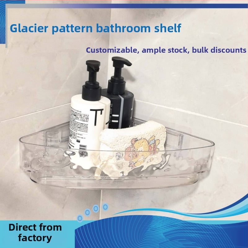 Fali mosdó-tároló polc fúrás nélkül, háromszög kosárral; műanyagból, modell 1, teherbírás 10 kg