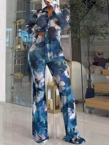 Set od dva komada: ženski modni print košulja s prednjim kopčama (dugi rukavi) i hlače visokog struka ravnog kroja; poliester, dugi rukavi, dugačke hlače; japansko-korejski casual stil, proljeće 2026.