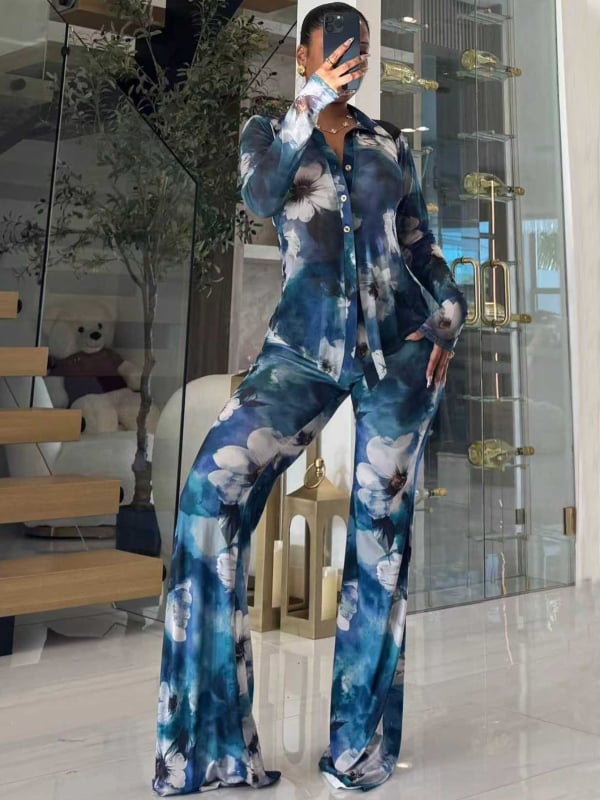 Set od dva komada: ženski modni print košulja s prednjim kopčama (dugi rukavi) i hlače visokog struka ravnog kroja; poliester, dugi rukavi, dugačke hlače; japansko-korejski casual stil, proljeće 2026.