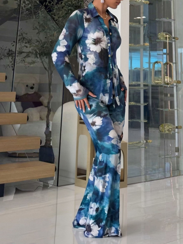 Set od dva komada: ženski modni print košulja s prednjim kopčama (dugi rukavi) i hlače visokog struka ravnog kroja; poliester, dugi rukavi, dugačke hlače; japansko-korejski casual stil, proljeće 2026.