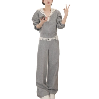 Ženski dvodijelni sportski set s sweatshirtom s čipkastim rubom, korejski stil, plisiranje, poliester, dugi rukavi, zima 2025.