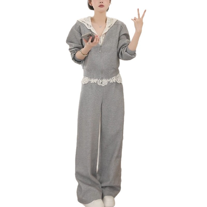 Ženski dvodijelni sportski set s sweatshirtom s čipkastim rubom, korejski stil, plisiranje, poliester, dugi rukavi, zima 2025.