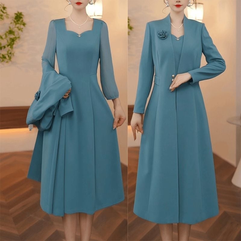 Jesenski 2025: dvodjelni set — haljina srednje duljine s sakoom, elegantan uredski stil, dekolte u obliku srca