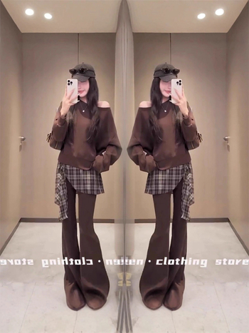 Ženski dvodijelni set s karom i patchworkom – jesen 2025, pleteni Air Layer materijal, poliester 70–80% + pamuk <30%, dugi rukavi, casual kostim