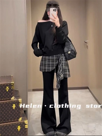 Ženski dvodijelni set s karom i patchworkom – jesen 2025, pleteni Air Layer materijal, poliester 70–80% + pamuk <30%, dugi rukavi, casual kostim