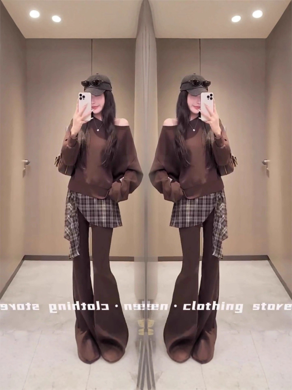 Ženski dvodijelni set s karom i patchworkom – jesen 2025, pleteni Air Layer materijal, poliester 70–80% + pamuk <30%, dugi rukavi, casual kostim