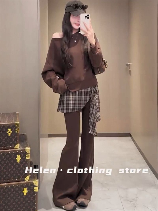 Ženski dvodijelni set s karom i patchworkom – jesen 2025, pleteni Air Layer materijal, poliester 70–80% + pamuk <30%, dugi rukavi, casual kostim
