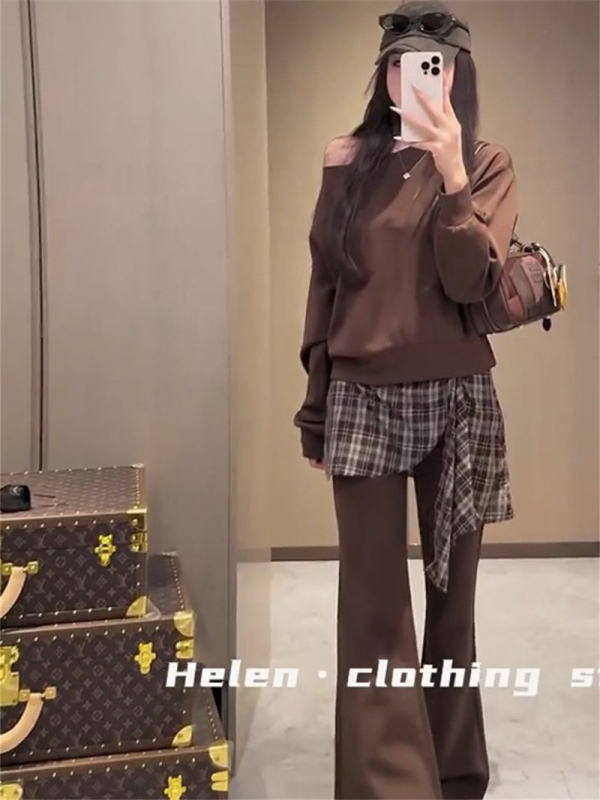 Ženski dvodijelni set s karom i patchworkom – jesen 2025, pleteni Air Layer materijal, poliester 70–80% + pamuk <30%, dugi rukavi, casual kostim