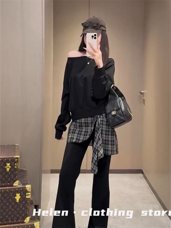 Ženski dvodijelni set s karom i patchworkom – jesen 2025, pleteni Air Layer materijal, poliester 70–80% + pamuk <30%, dugi rukavi, casual kostim