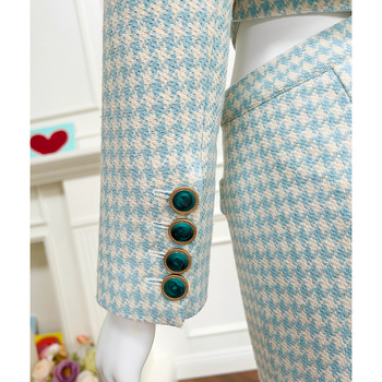 Houndstooth komplet kostima (gornji dio + suknja) – Ljeto 2025, smjesa poliestera i amonijaka, vlakna s klorom, književno retro stil, ženski kostim