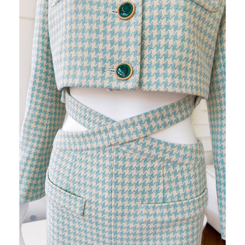 Houndstooth komplet kostima (gornji dio + suknja) – Ljeto 2025, smjesa poliestera i amonijaka, vlakna s klorom, književno retro stil, ženski kostim