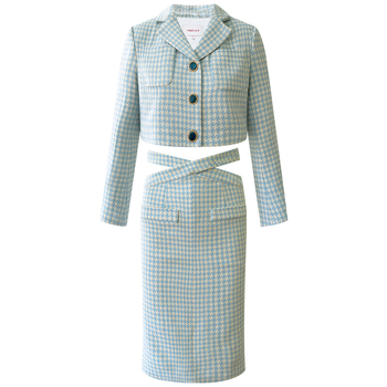 Houndstooth komplet kostima (gornji dio + suknja) – Ljeto 2025, smjesa poliestera i amonijaka, vlakna s klorom, književno retro stil, ženski kostim