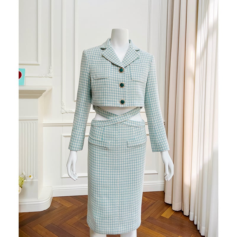 Houndstooth komplet kostima (gornji dio + suknja) – Ljeto 2025, smjesa poliestera i amonijaka, vlakna s klorom, književno retro stil, ženski kostim