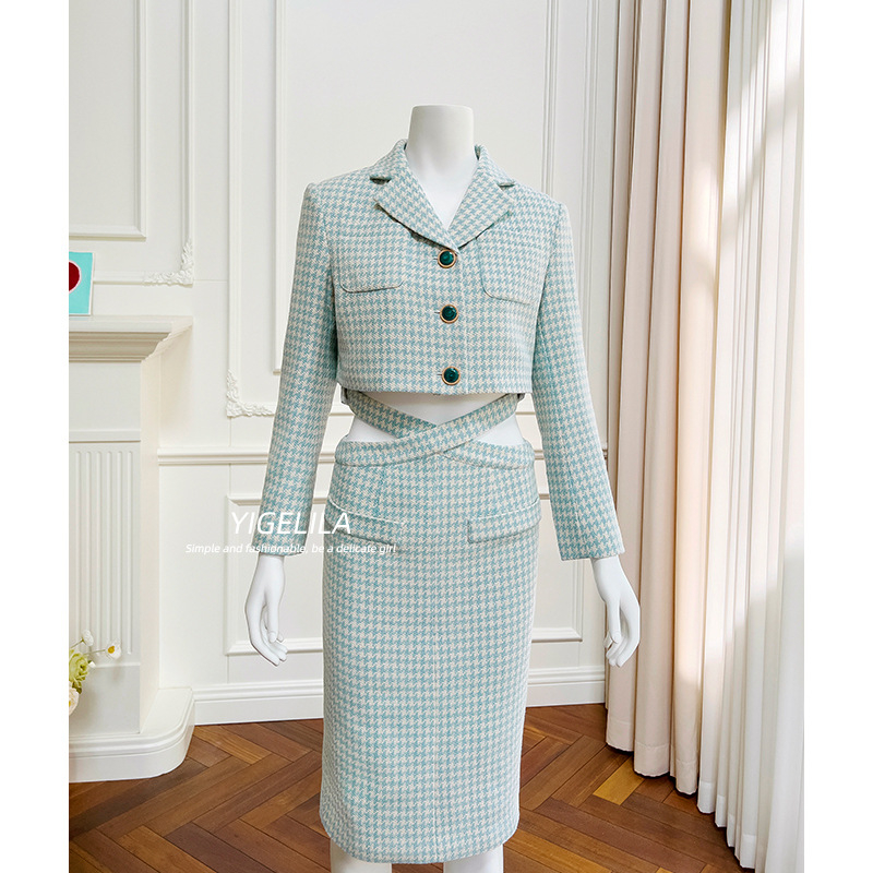 Houndstooth komplet kostima (gornji dio + suknja) – Ljeto 2025, smjesa poliestera i amonijaka, vlakna s klorom, književno retro stil, ženski kostim