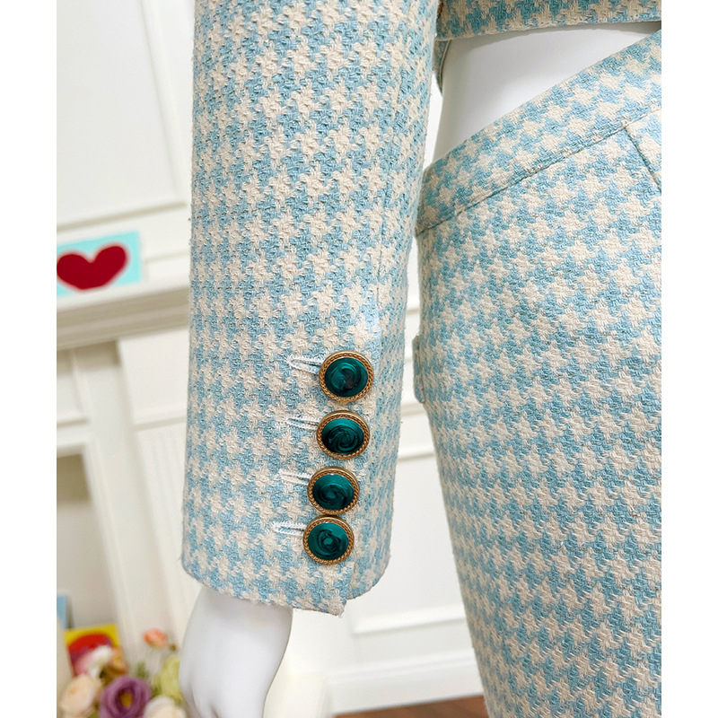 Houndstooth komplet kostima (gornji dio + suknja) – Ljeto 2025, smjesa poliestera i amonijaka, vlakna s klorom, književno retro stil, ženski kostim