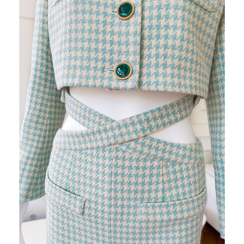 Houndstooth komplet kostima (gornji dio + suknja) – Ljeto 2025, smjesa poliestera i amonijaka, vlakna s klorom, književno retro stil, ženski kostim