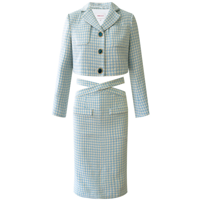 Houndstooth komplet kostima (gornji dio + suknja) – Ljeto 2025, smjesa poliestera i amonijaka, vlakna s klorom, književno retro stil, ženski kostim