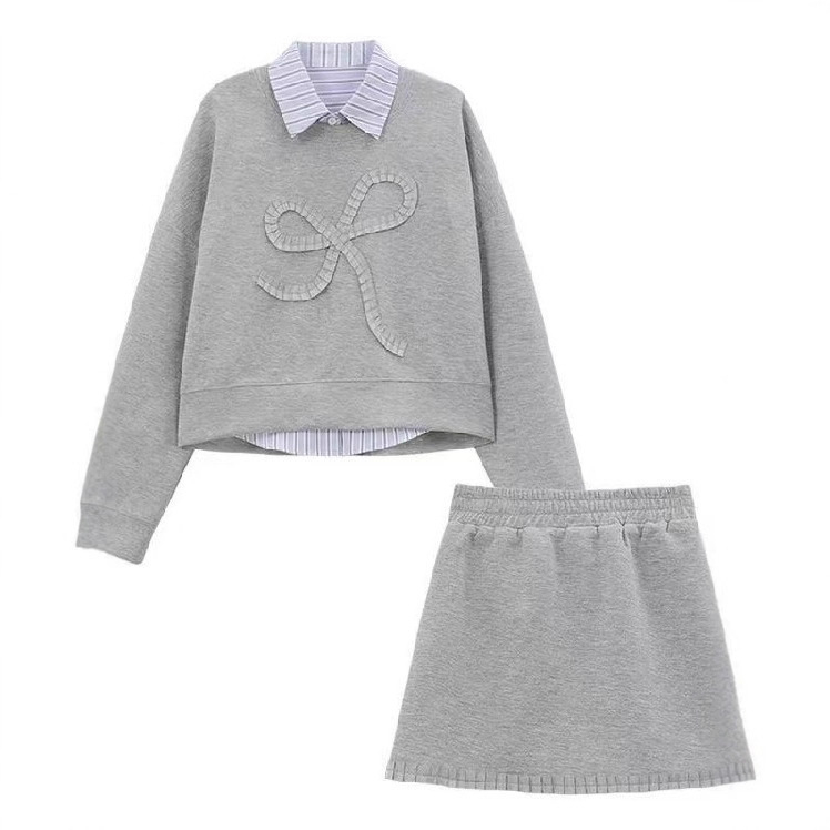 Ženski trodijelni set: slojevita cropped hoodie, prugasta košulja i čipkasta suknja