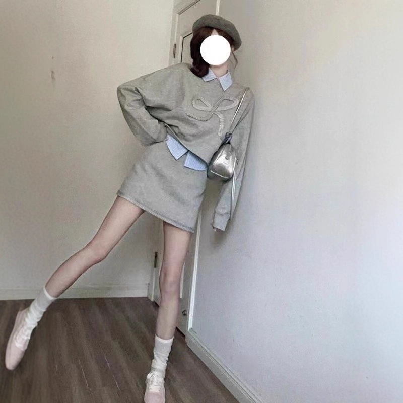 Ženski trodijelni set: slojevita cropped hoodie, prugasta košulja i čipkasta suknja