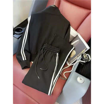 Dvije djelomi casual set za žene: cardigan-sweatshirt s natpisom i hlače visokog struka s širokim krojem, pamuk-mješavina, jesen 2025