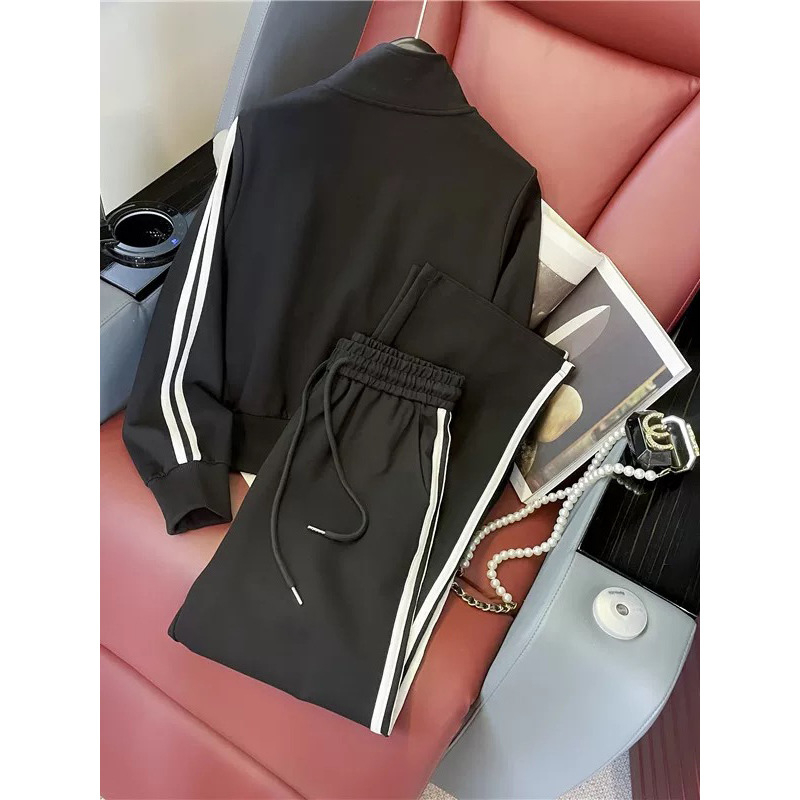 Dvije djelomi casual set za žene: cardigan-sweatshirt s natpisom i hlače visokog struka s širokim krojem, pamuk-mješavina, jesen 2025