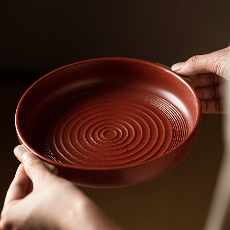 Farfurie de supă cu mâner dublu din ceramică tip stoneware, farfurie rotundă, adâncă, compatibilă cu microunde, stil retro