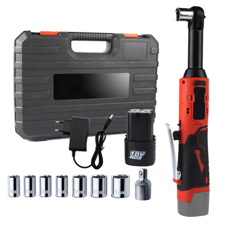 Elektromos racsnis kulcs, 18V, 90°-ban állítható fej, újratölthető lítium akkumulátor, 57 Nm nyomaték, tömeg 2,3 kg