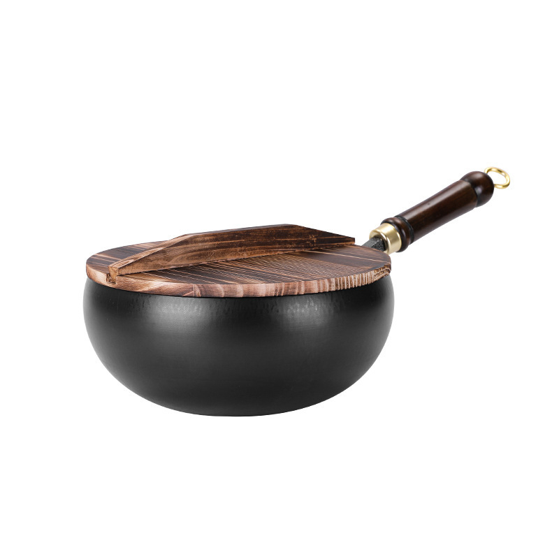 Wok s velikim trbuhom - ručno izrađen od finog željeza, kineski stil, drveni poklopac, 2,5 kg