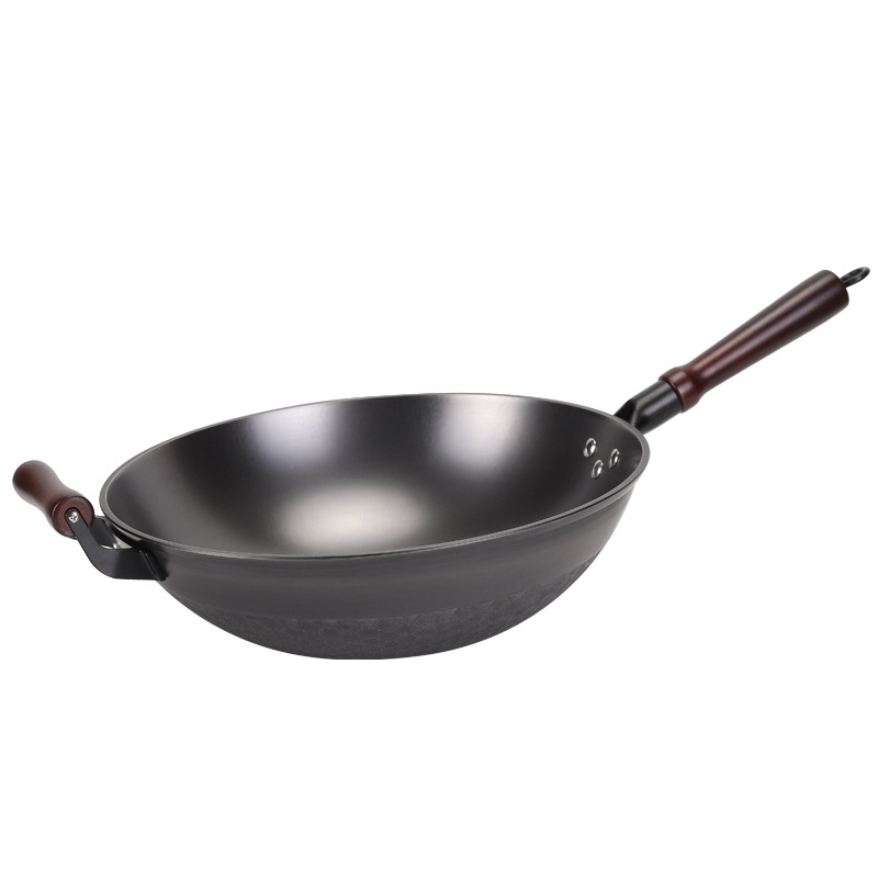 Wok od lijevanog željeza, bez premazivanja, tradicionalno ručno izrađeni, s okruglim dnom; kompatibilan s plinskim štednjakom, prilagodljiva obrada