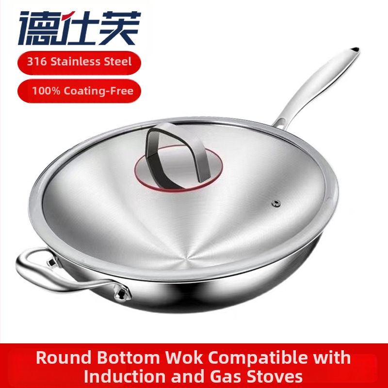 316 rozsdamentes acélból készült wok, kör alakú alj, konkáv, indukciós főzőlaphoz, élelmiszer-minőségű, vastagodott, bevonat nélküli, gőzölővel