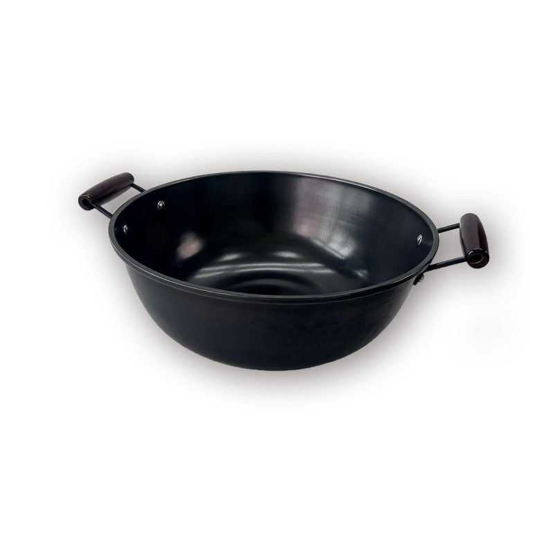 Lijani wok s dvije ručke za kućnu upotrebu, duboko ravno dno, bez premaza, drveni poklopac, 4 kg