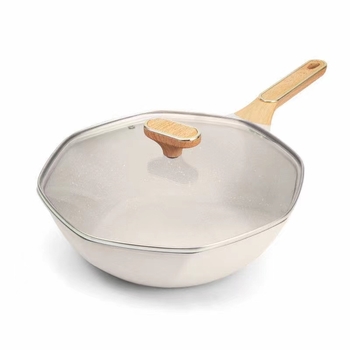 Osmerokutni wok od pročišćenog željeza s neprijanjajućim premazom, višeslojno dno, stakleni poklopac, kompatibilan s indukcijskim i plinskim pločama.