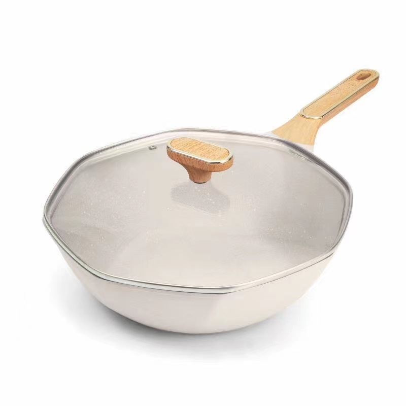 Osmerokutni wok od pročišćenog željeza s neprijanjajućim premazom, višeslojno dno, stakleni poklopac, kompatibilan s indukcijskim i plinskim pločama.