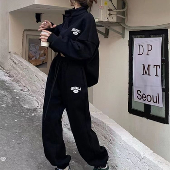 Set sportiv cu glugă pentru femei, două piese – stil stradal, material din amestec de bumbac cu poliester, mâneci lungi