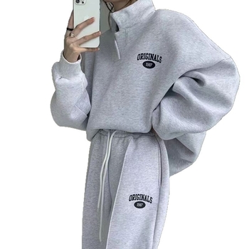 Set sportiv cu glugă pentru femei, două piese – stil stradal, material din amestec de bumbac cu poliester, mâneci lungi