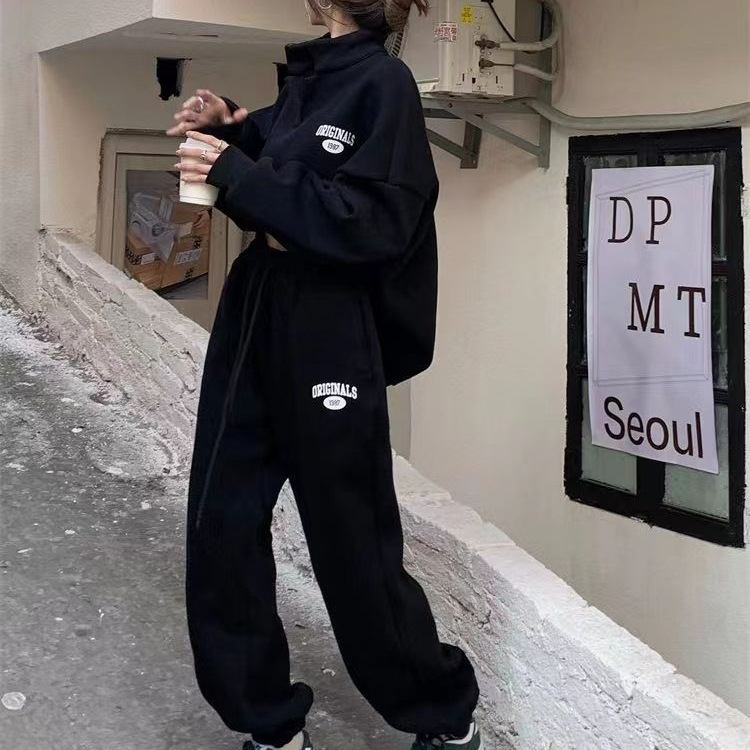Set sportiv cu glugă pentru femei, două piese – stil stradal, material din amestec de bumbac cu poliester, mâneci lungi