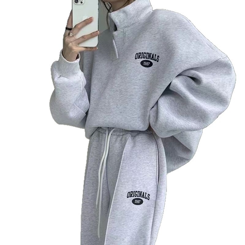 Set sportiv cu glugă pentru femei, două piese – stil stradal, material din amestec de bumbac cu poliester, mâneci lungi