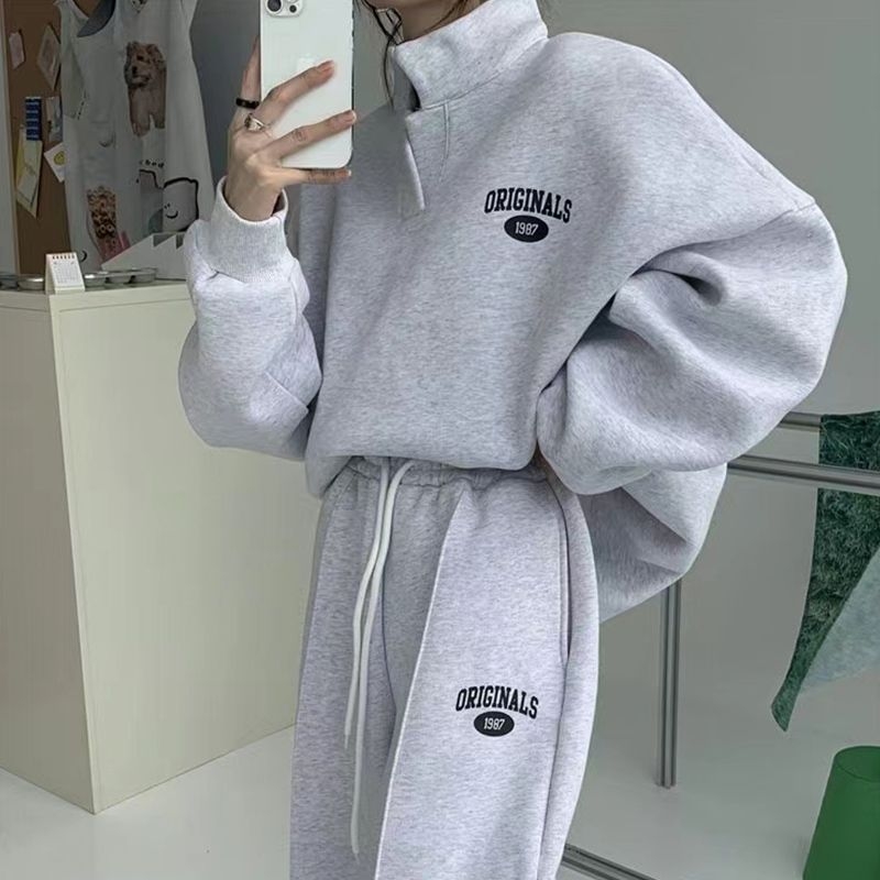 Set sportiv cu glugă pentru femei, două piese – stil stradal, material din amestec de bumbac cu poliester, mâneci lungi