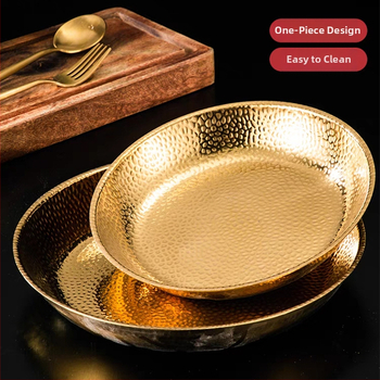 Farfurie rotundă din oțel inoxidabil, textură ciocănită, bază plată, în stil lux ușor retro