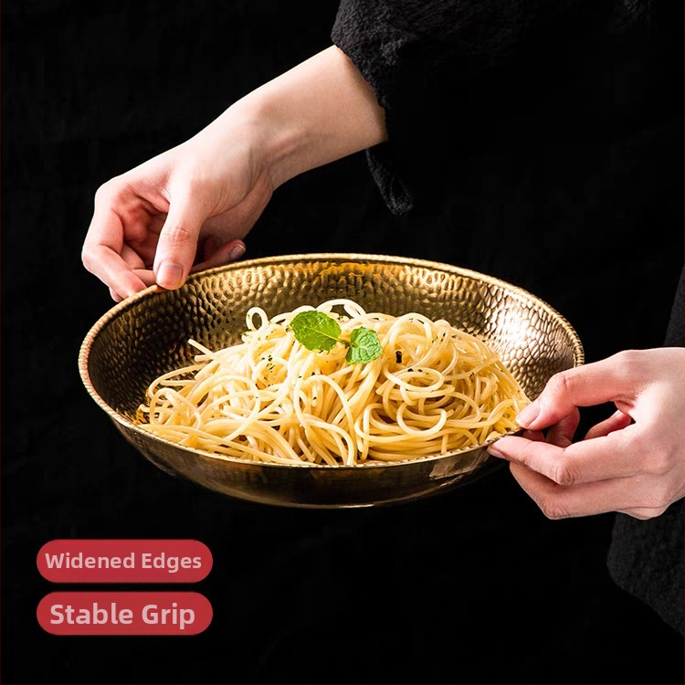 Farfurie rotundă din oțel inoxidabil, textură ciocănită, bază plată, în stil lux ușor retro