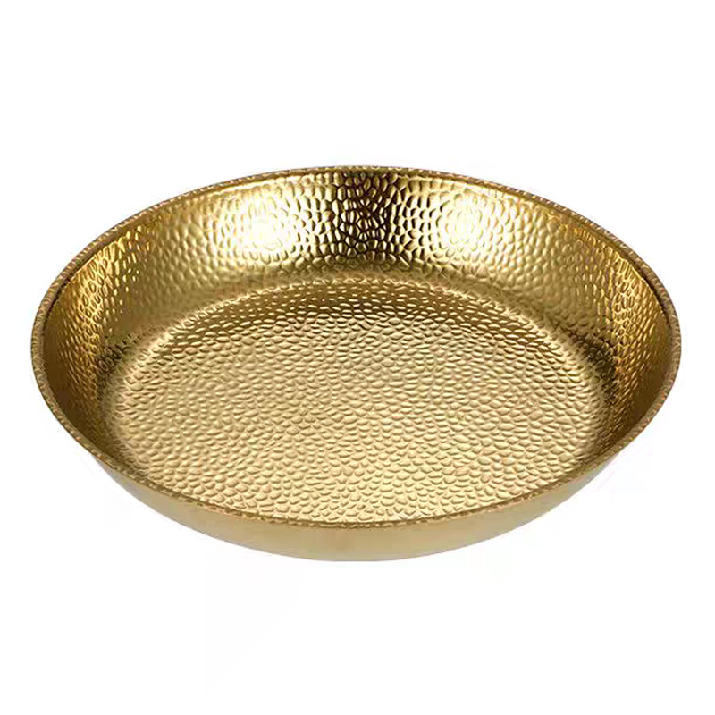 Farfurie rotundă din oțel inoxidabil, textură ciocănită, bază plată, în stil lux ușor retro