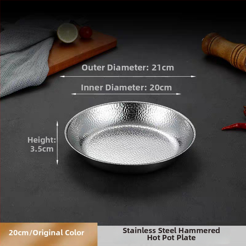 Farfurie rotundă din oțel inoxidabil, textură ciocănită, bază plată, în stil lux ușor retro