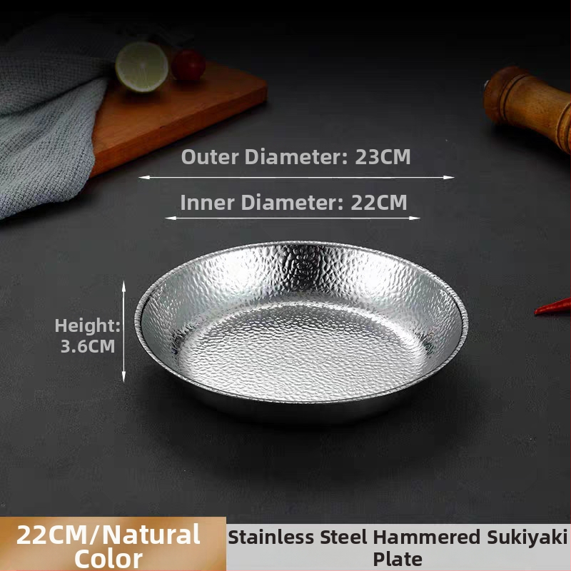 Farfurie rotundă din oțel inoxidabil, textură ciocănită, bază plată, în stil lux ușor retro