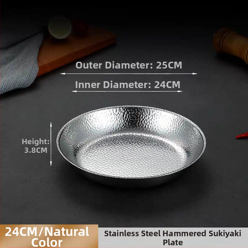 Farfurie rotundă din oțel inoxidabil, textură ciocănită, bază plată, în stil lux ușor retro