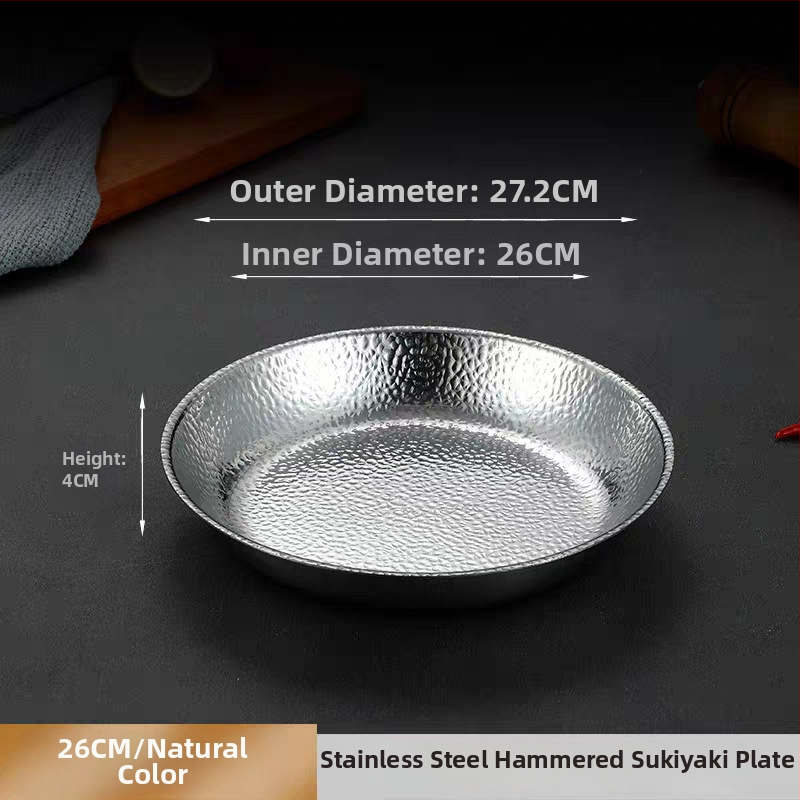 Farfurie rotundă din oțel inoxidabil, textură ciocănită, bază plată, în stil lux ușor retro