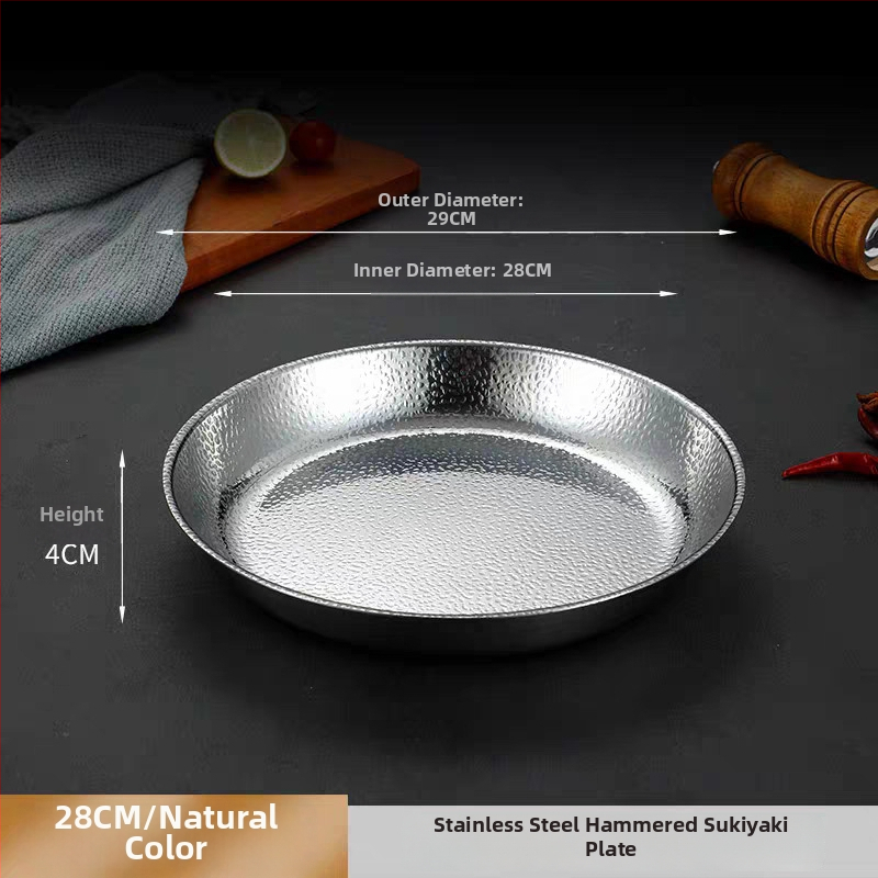 Farfurie rotundă din oțel inoxidabil, textură ciocănită, bază plată, în stil lux ușor retro