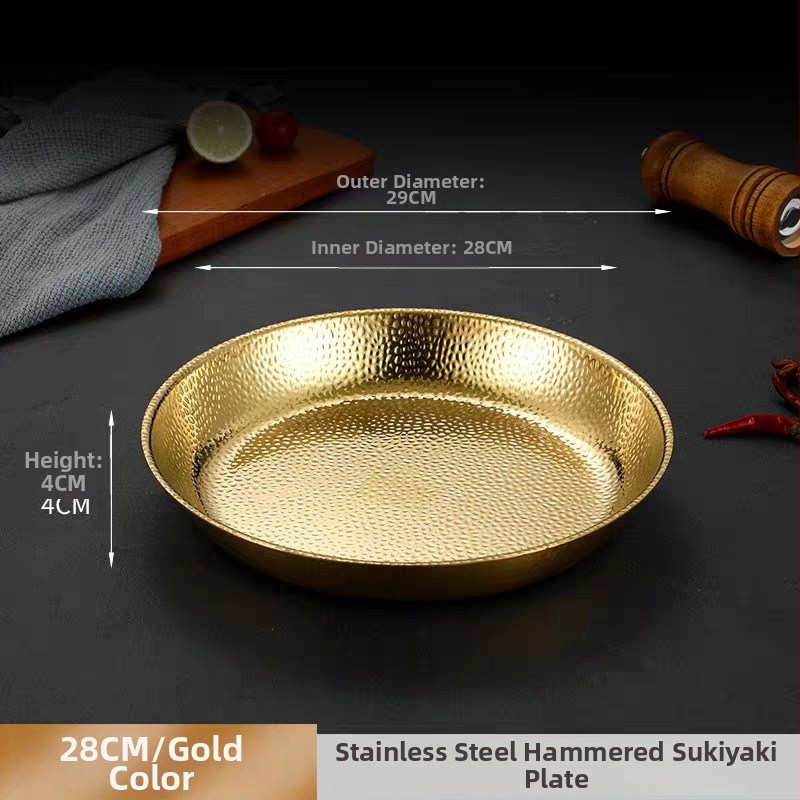 Farfurie rotundă din oțel inoxidabil, textură ciocănită, bază plată, în stil lux ușor retro