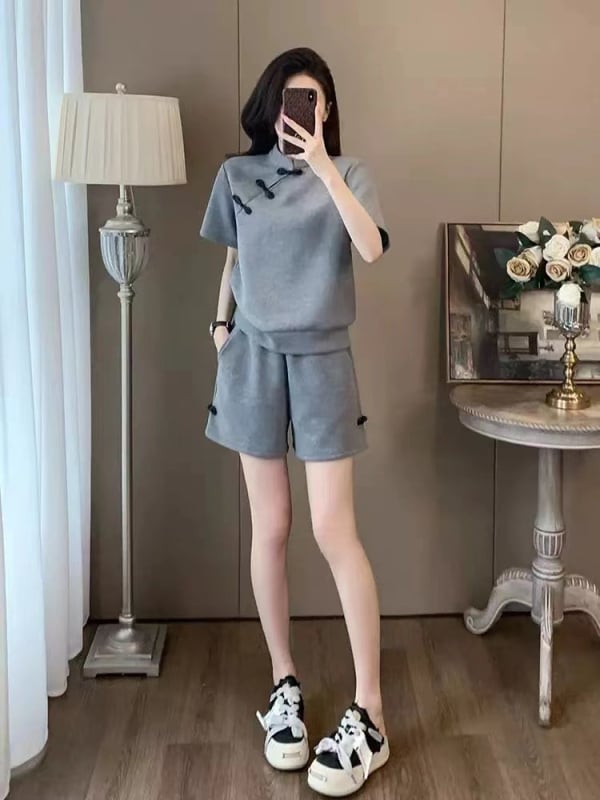 Set sportiv lejer de vară pentru femei, două piese: top cu mânecă scurtă și șorturi, stil urban, fără călcare, 90–95% spandex